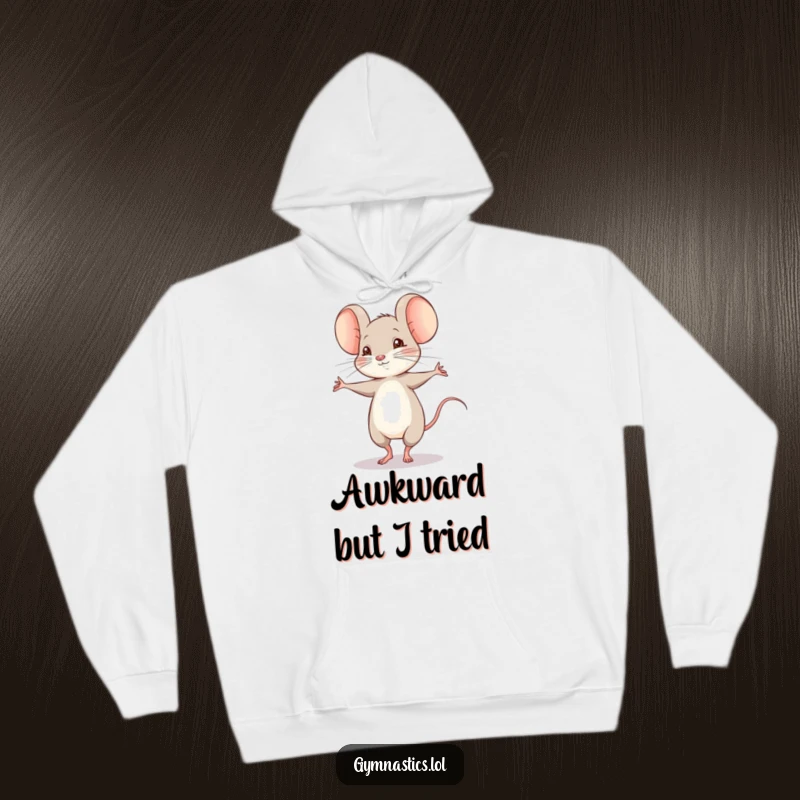 Funny shy mouse performing a shaky pirouette on a hoodie, a cozy and whimsical design for dance enthusiasts.