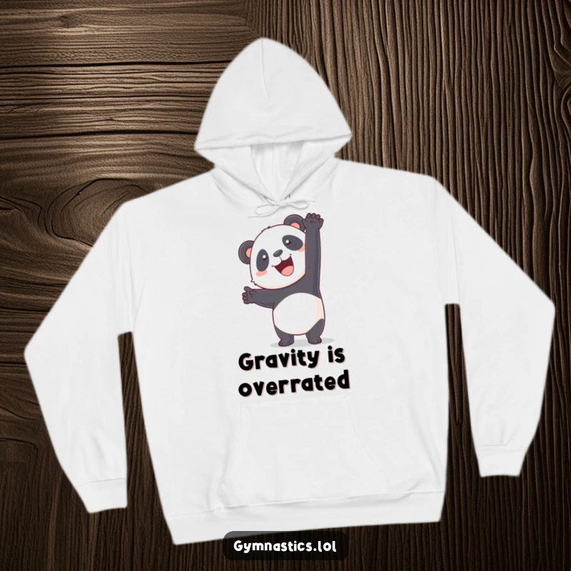 Funny panda attempting a handstand on a hoodie, offering humorous comfort and playful vibes.