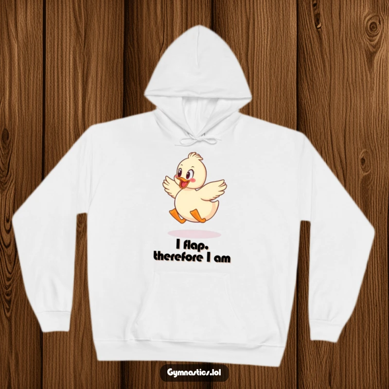 Funny duck jumping with glee on a hoodie, offering humorous comfort and cheerful vibes.