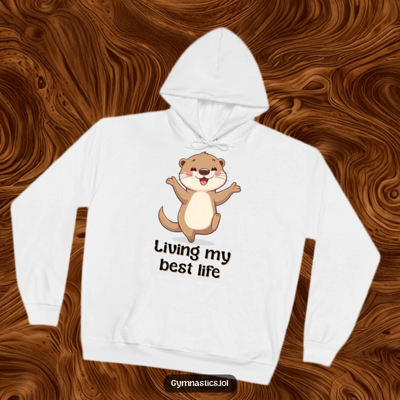 Funny otter hoodie showing a happy otter balancing on one hand, legs in the air, offering cozy comfort with a humorous design.