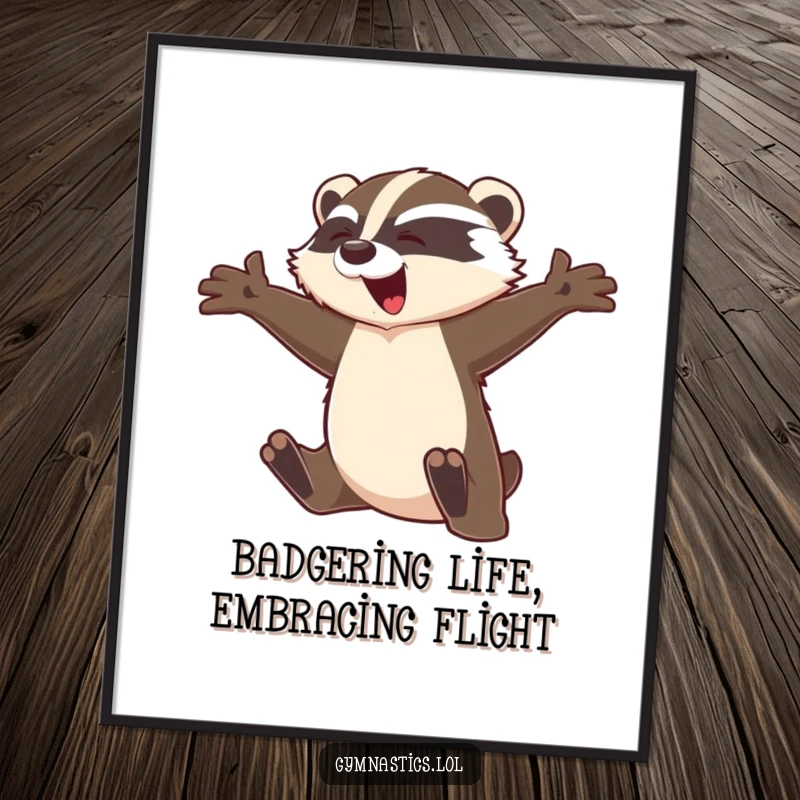 Funny Free Printable wall art shows a graceful badger in a striking mid-flight leap, arms outstretched, bringing dynamic charm.