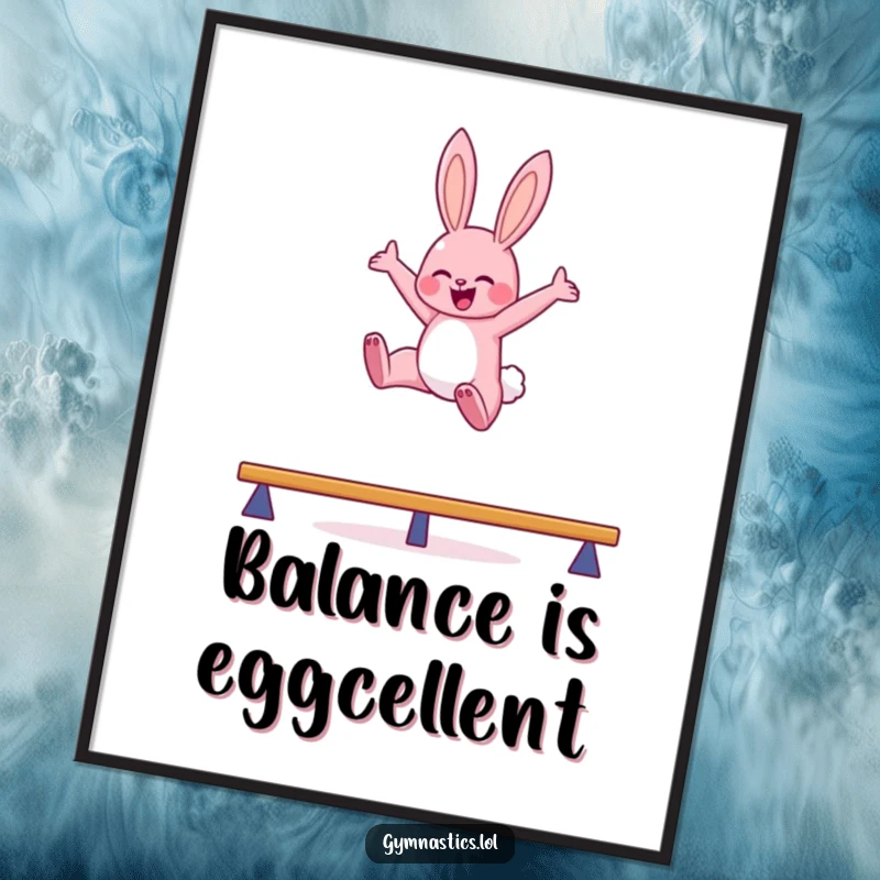 Funny Free Printable wall art: a pink bunny leaping high in the air with arms outstretched, balancing gracefully on a beam.
