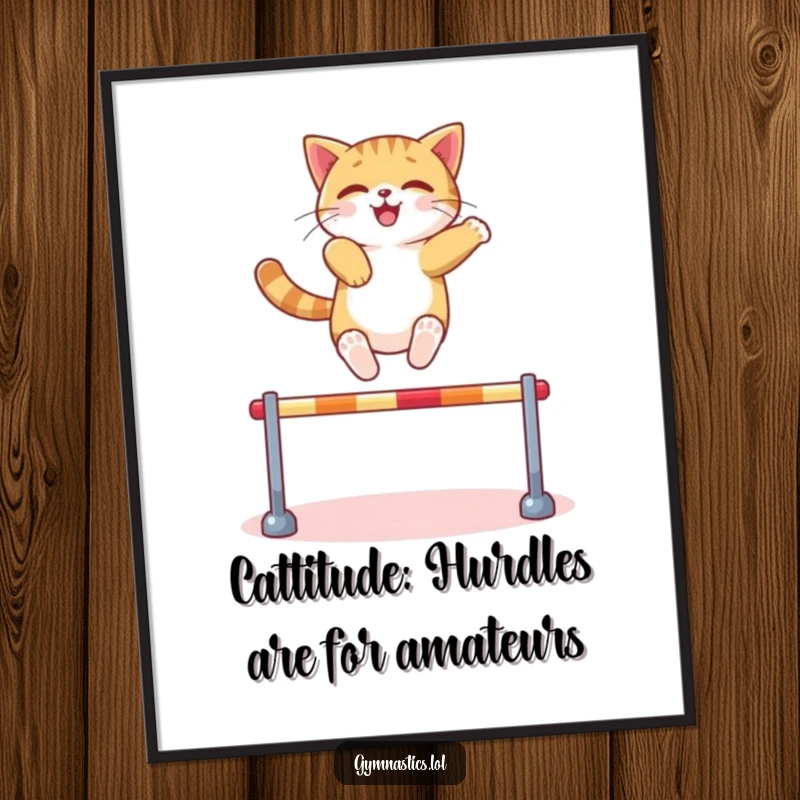 Funny Free Printable Wall Art: Confident cat executing a masterful leap over a miniature hurdle.
