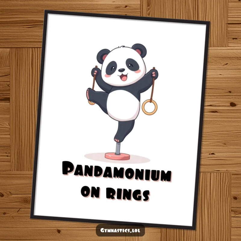 Funny Free Printable Wall Art: A panda humorously attempting a wobbly handstand on tiny gymnastics rings, full of effort.