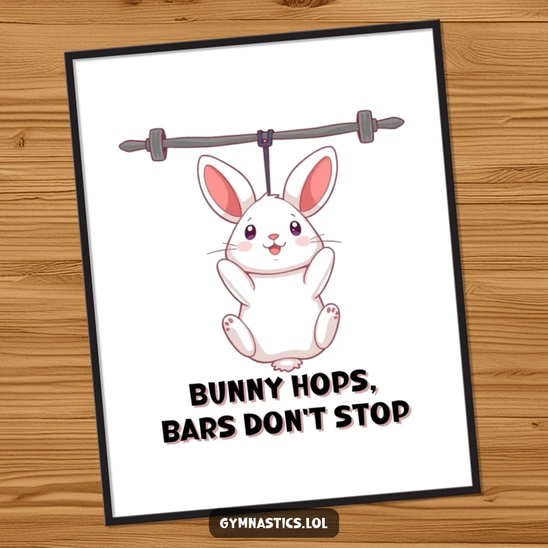 Funny Free Printable Wall Art: A curious rabbit defying gravity while hanging upside down from uneven bars.