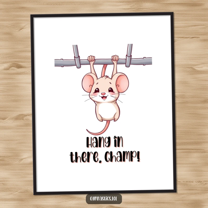 Funny Free Printable Wall Art: A smiling mouse hanging upside down from uneven bars, showcasing impressive gymnastic skills. A humorous DIY decor.