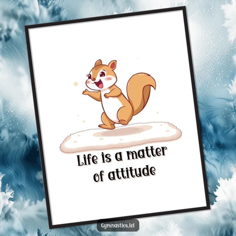 Funny Free Printable Wall Art: An energetic squirrel doing a cartwheel on a soft mat, full of motion.