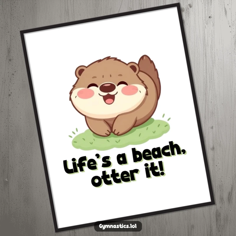 Funny Free Printable Wall Art: a fluffy otter joyfully tumbling on green grass, a whimsical decoration.