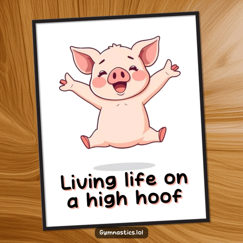 Funny Free Printable Wall Art: An energetic piglet captured mid-split leap, arms outstretched, radiating pure happiness, downloadable art.
