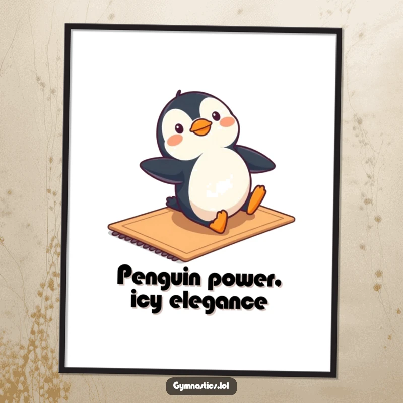 Funny free printable wall art: A happy penguin executing a gymnastic slide across a mat, bringing joy to your decor.