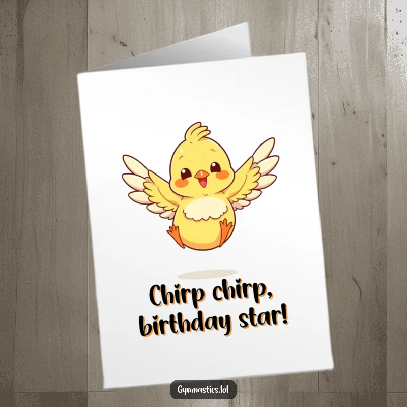 Funny free printable chick card, wings spread mid-jump, celebrating a happy birthday with pure joy and downloadable cheer.
