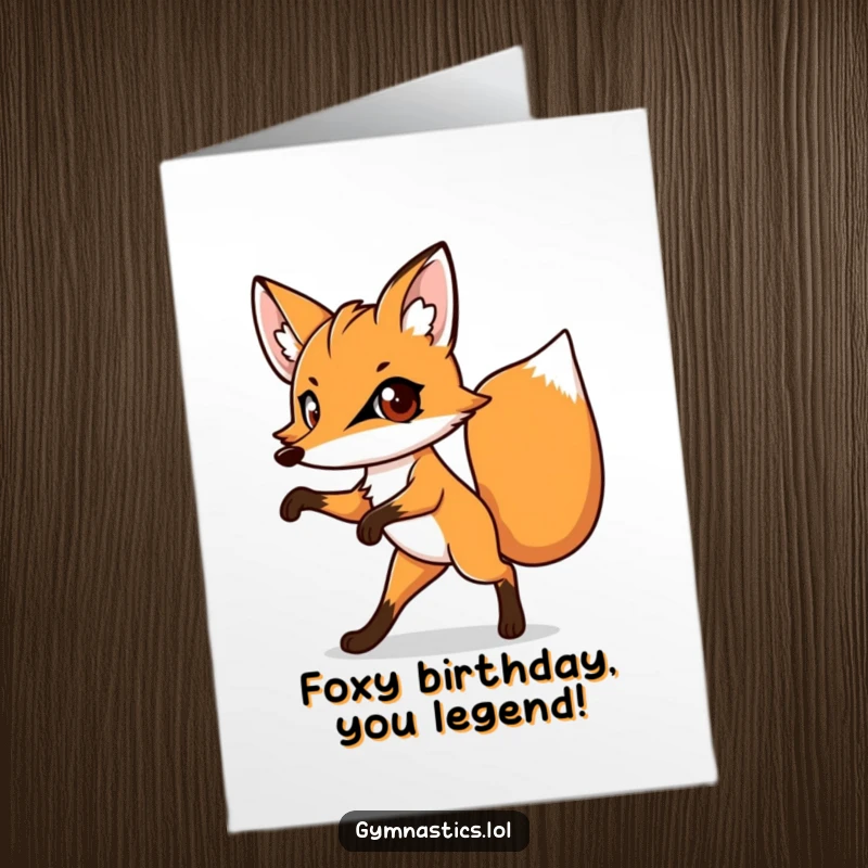 Funny free printable birthday card: A determined fox with big eyes hilariously balances on one leg, ready to celebrate.