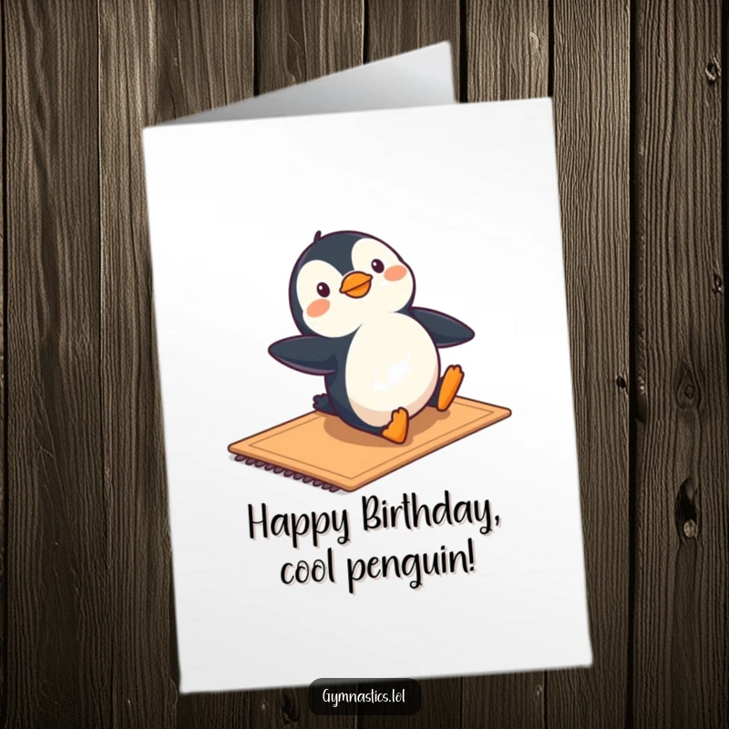 Funny free printable birthday card: A happy penguin sliding gracefully on a mat, wishing a very happy birthday.