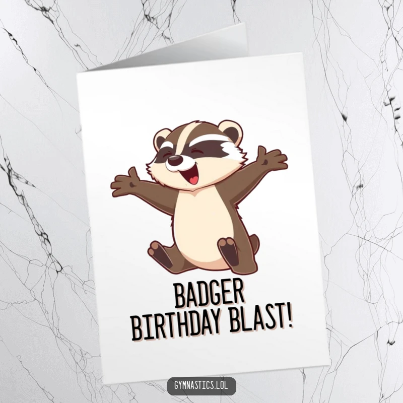 Funny Free Printable birthday card shows a graceful badger in a dynamic mid-flight leap, arms outstretched, ready to deliver wishes.