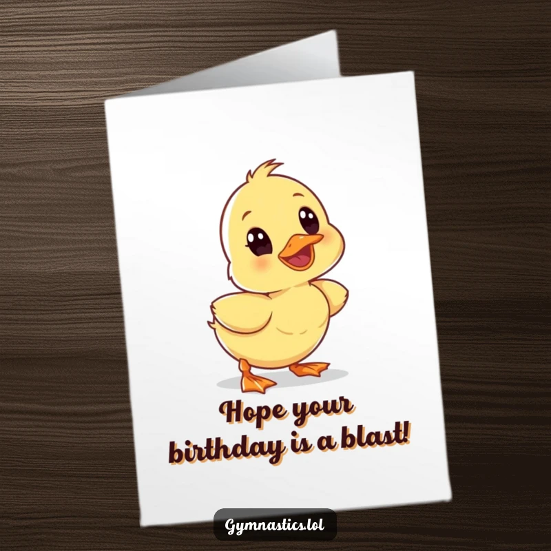 Funny Free Printable Birthday Card: A wobbly duckling tumbles forward, eyes wide with comical surprise. Instant download.
