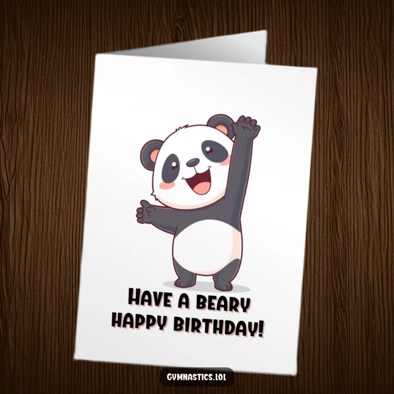 Funny free printable panda attempting a wobbly handstand with a happy expression, a birthday card full of downloadable charm.