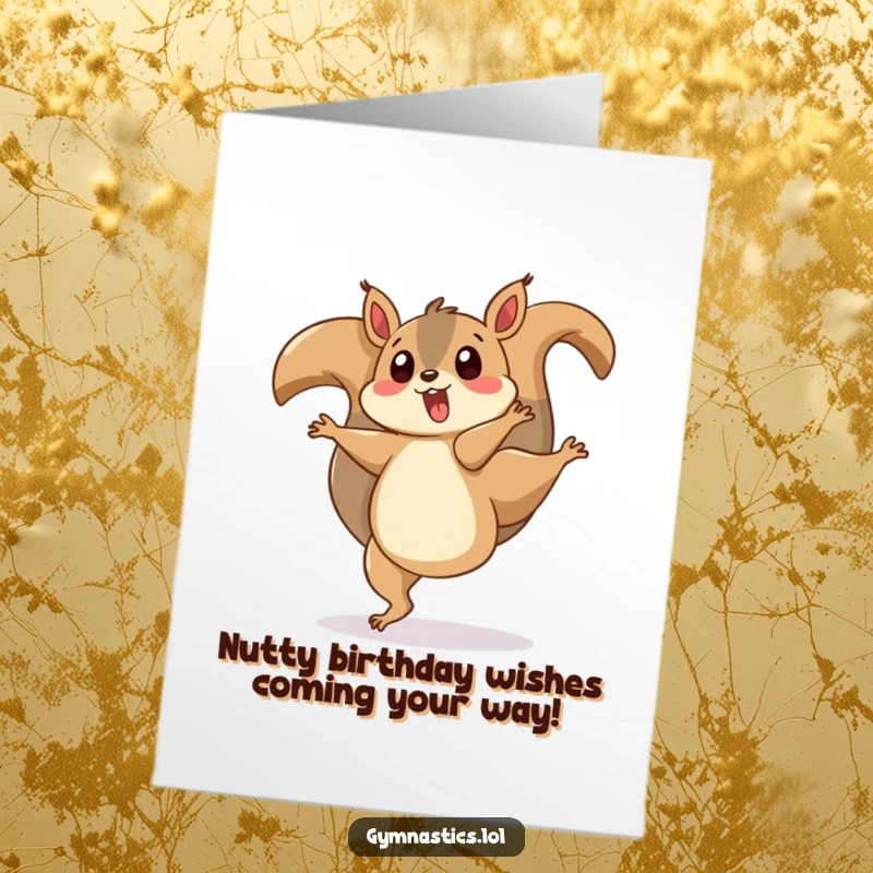Funny Free Printable Birthday Card: a surprised squirrel doing a cartwheel with its tail twirling, celebrating a birthday.