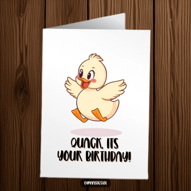 Funny free printable duck waddling with glee during a joyful jump, a birthday card bursting with downloadable happiness.