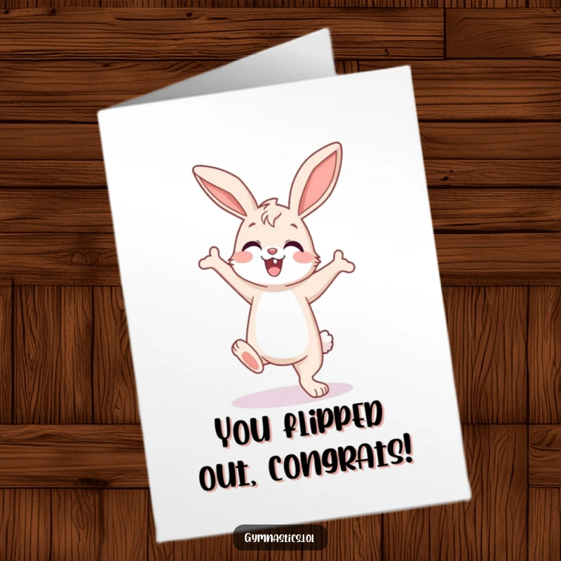 Funny Free Printable Congrats Card: A happy bunny attempting a wobbly handstand, showing determination and accomplishment, downloadable art.