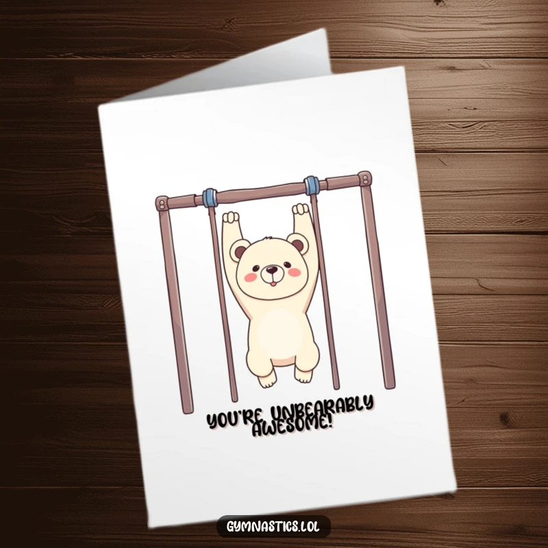 Funny Free Printable Congratulations Card: A proud bear hanging upside down, celebrating your amazing feat.