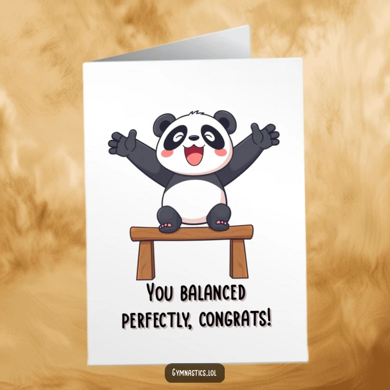 Funny Free Printable Congrats Card: A delighted panda maintaining perfect balance on a beam.
