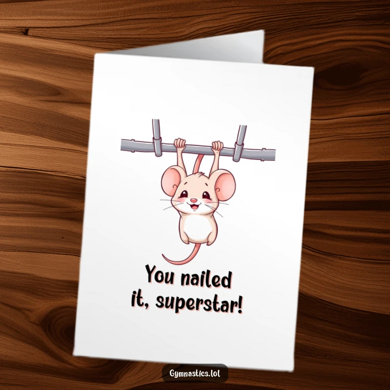 Funny Free Printable Congratulations Card: A smiling mouse hanging upside down from uneven bars with athletic flair. A comical DIY card.
