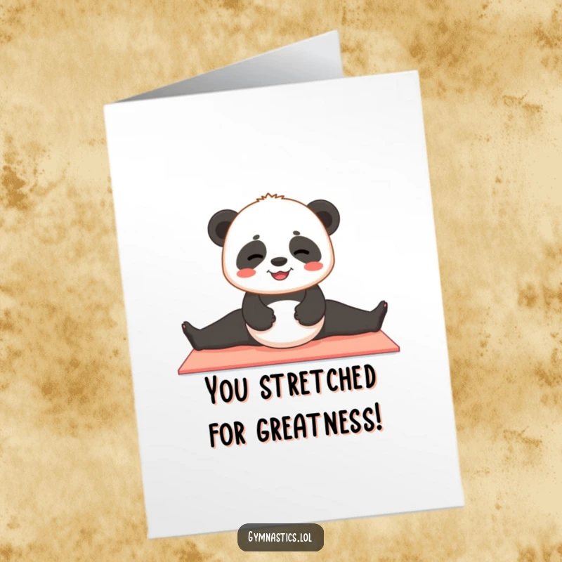 Funny Free Printable Congratulations Card: A contented panda cub attempting an impressive split on a yoga mat with a happy expression. A comical DIY card.