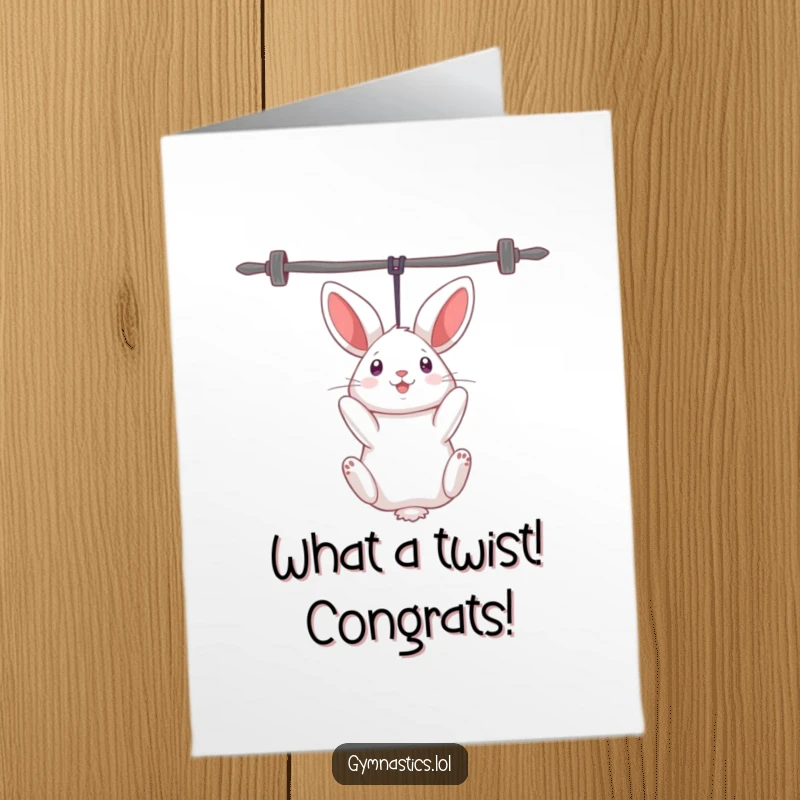 Funny Free Printable Congratulations Card: A curious rabbit hanging upside down, celebrating a major win.