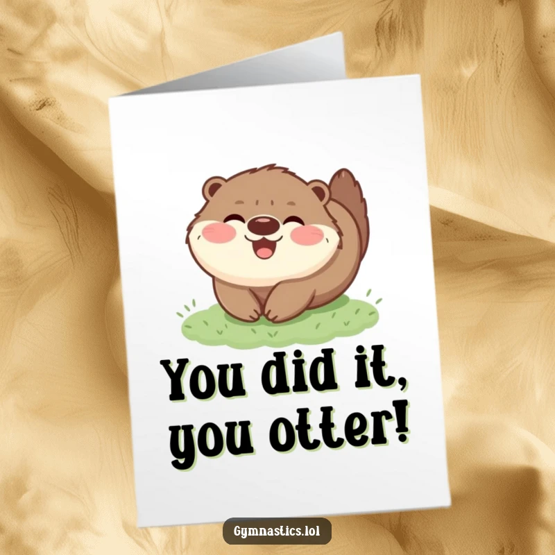 Funny Free Printable Congratulations Card: happy otter doing a joyful tumble on grass, perfect for celebrating wins.