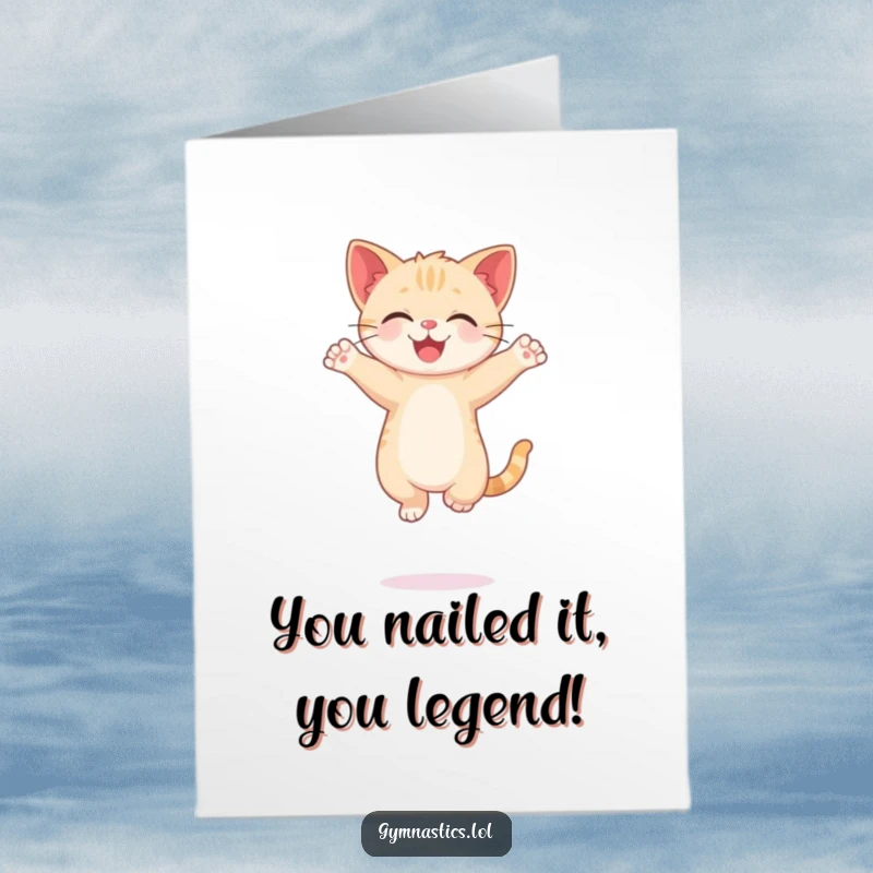 Funny Free Printable Congrats Card: A cute kitten struggling to balance on one paw, celebrating your success hilariously.