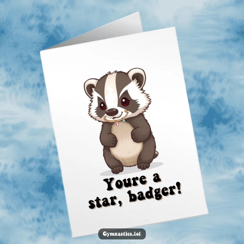 Funny Free Printable congratulations card showing a determined badger skillfully balancing a tiny sparkling hoop on its nose.