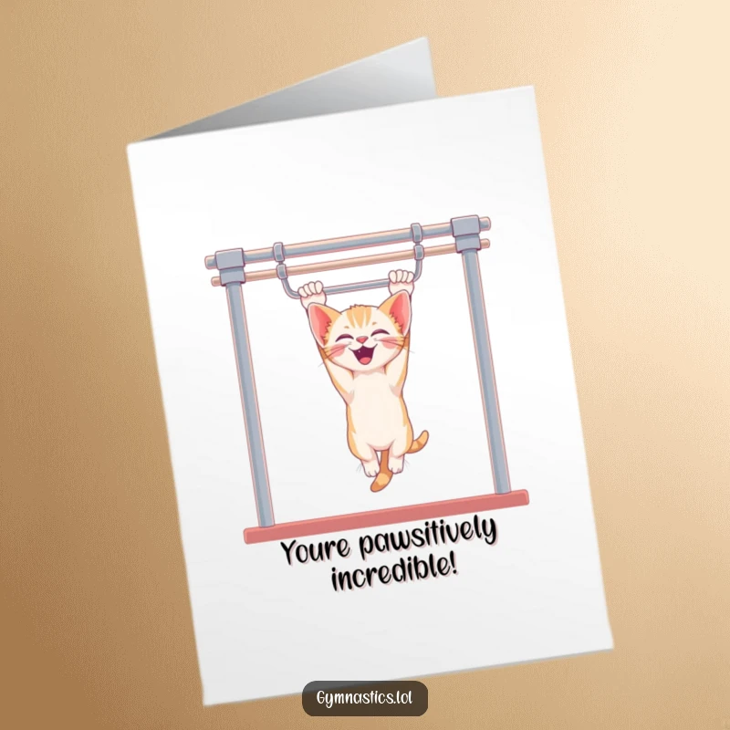 Funny Free Printable Congrats Card: A kitten giggling while hanging upside down from gym bars, a hilarious congrats.