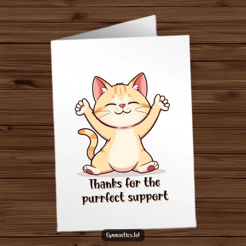 Funny free printable cat in a graceful yoga stretch, offering a downloadable thank you card with feline charm.