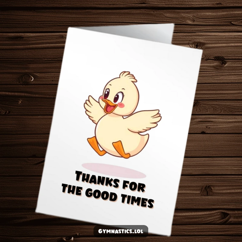 Funny free printable duck jumping with pure glee, a downloadable thank you card radiating happiness and humor.