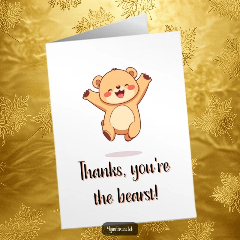 Funny free printable thank you card of a joyful, round bear cub performing a graceful leap, conveying sincere gratitude.