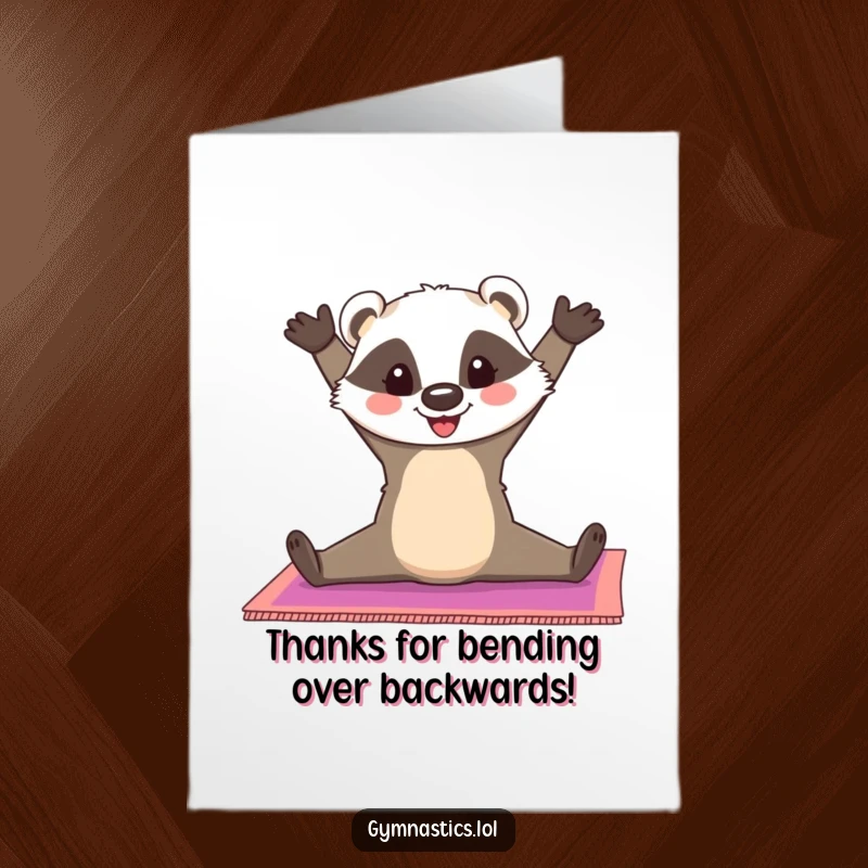 Funny Free Printable Thank You Card: Cheerful badger holding a split pose on a gymnastics mat, thanking you.