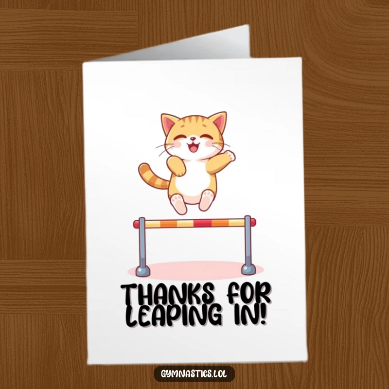 Funny Free Printable Thank You Card: Confident cat leaping over a miniature hurdle, a purr-fect thank you.