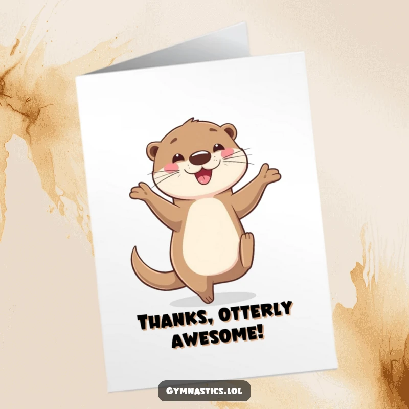 Funny Free Printable thank you card depicts a happy otter balancing perfectly, expressing thanks with humorous poise and charm.