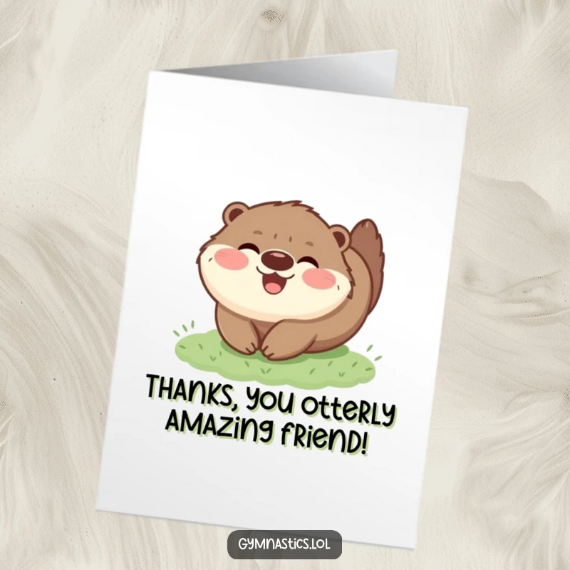 Funny Free Printable Thank You Card: happy, fluffy otter tumbling on grass, expressing gratitude playfully.