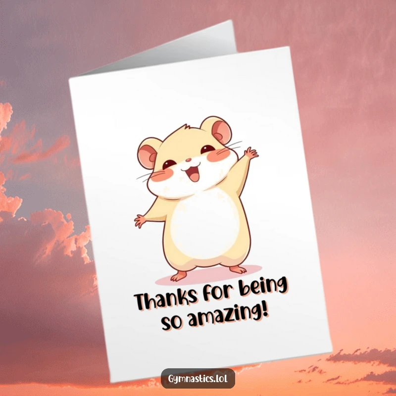 Funny Free Printable Thank You Card: A chubby hamster doing a cartwheel with a proud smile, expressing thanks.
