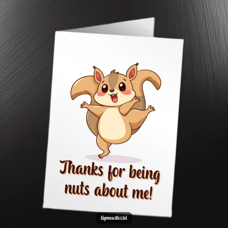 Funny Free Printable Thank You Card: a surprised squirrel cartwheeling with its tail twirling, expressing thanks.