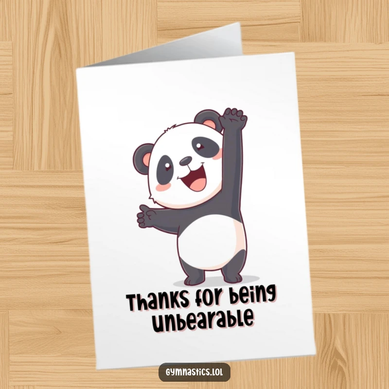 Funny free printable panda attempting a handstand with a happy wobble, a downloadable thank you card with lovable humor.
