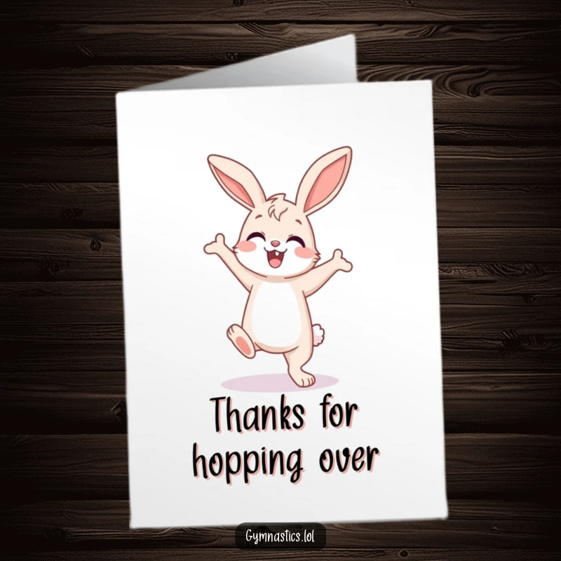 Funny Free Printable Thank You Card: A happy bunny performing a wobbly handstand, conveying enthusiastic thanks with effort, downloadable art.
