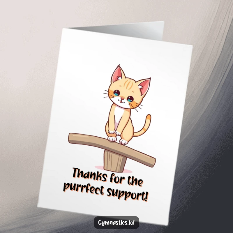 Funny Free Printable Thank You Card: A tiny agile kitten teeters on a beam, tail flicking, for your thanks.
