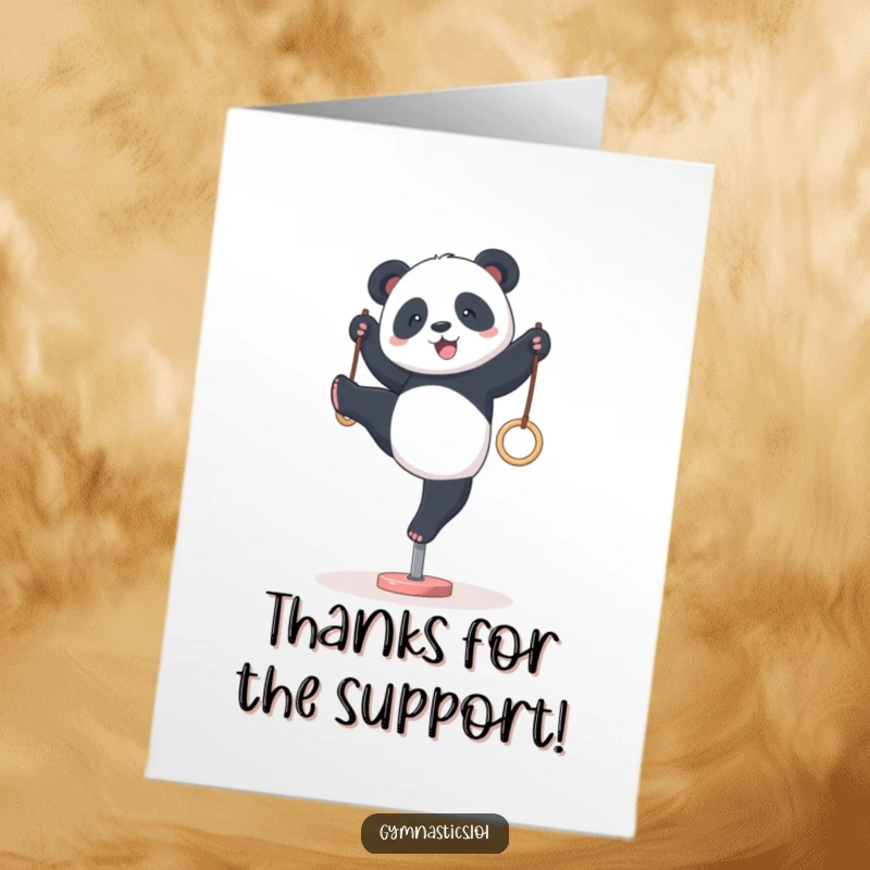 Funny Free Printable Thank You Card: A panda attempting a wobbly handstand on gymnastics rings, conveying thanks.