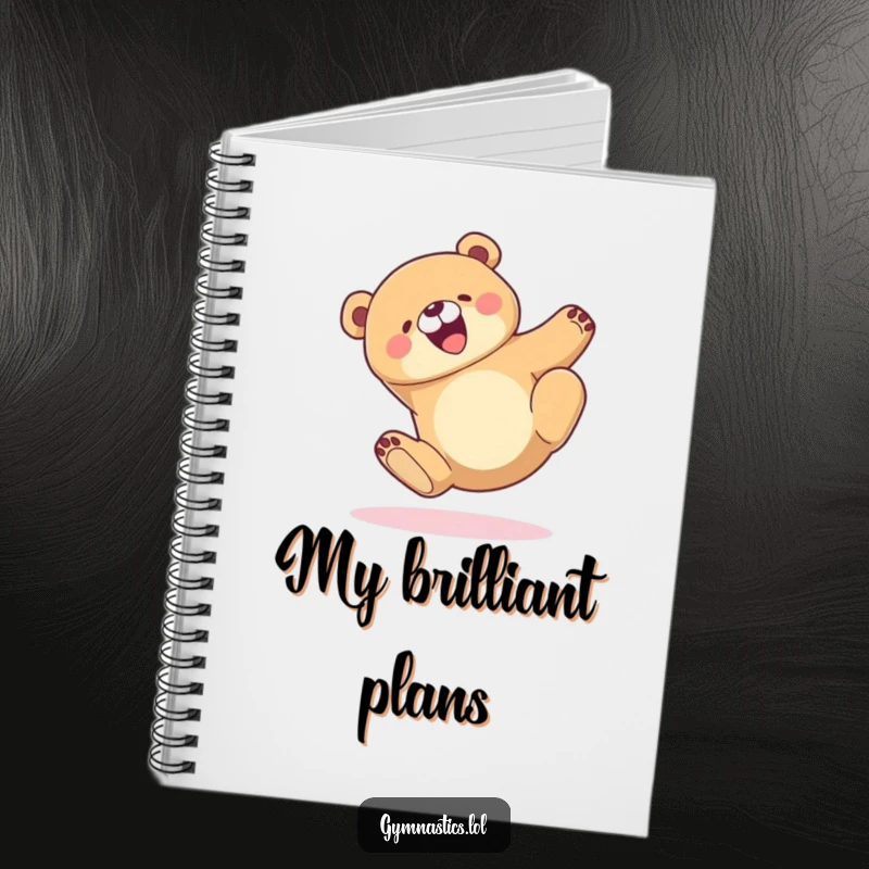 Funny Notebook with a joyful bear tumbling gracefully and landing on its feet, designed for note-taking and inspiration.