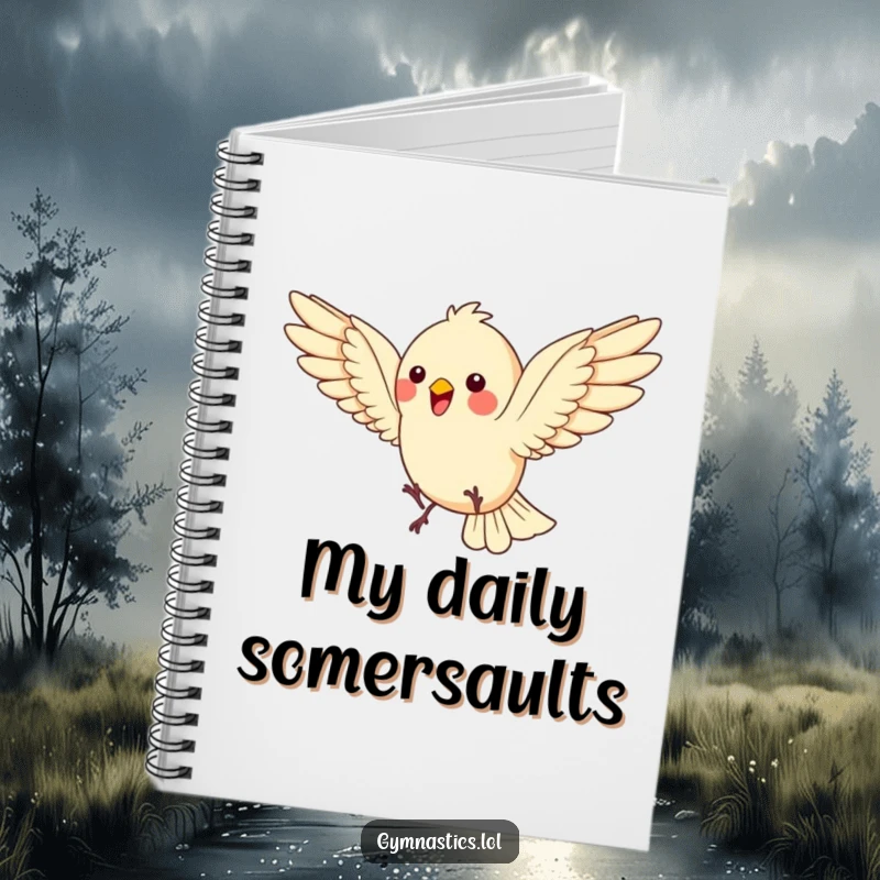 Funny Bird Notebook: A bouncing bird does a somersault, wings spread wide, ideal for jotting down energetic ideas with cheerful humor, a funny gift.