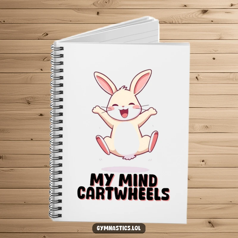 Funny notebook with a bouncy rabbit performing a cartwheel with sheer joy, perfect for jotting down energetic thoughts.