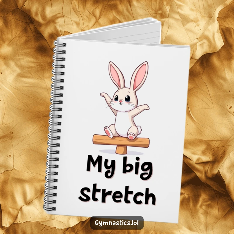 Funny bunny balance beam notebook with a curious bunny stretching, looking up, great for planning and brainstorming with a humorous twist.