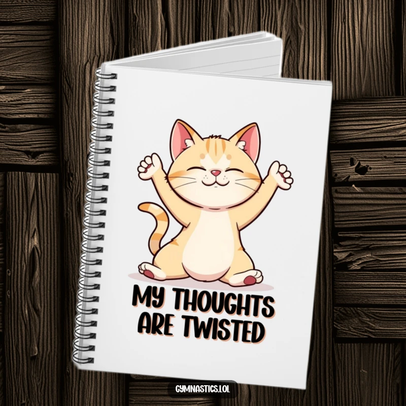 Funny cat in a unique yoga pose on a notebook cover, ideal for journaling creative ideas.